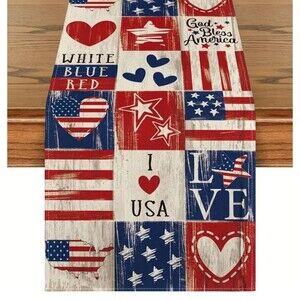 Table runner 13x72in American Flag I love USA Patriotic Linen God Bless America